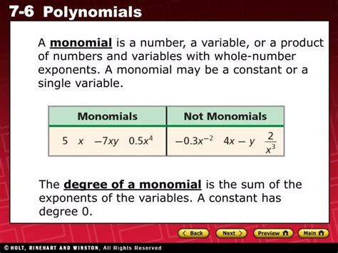 PPT - The degree of a monomial is the sum of the exponents of the variables. A constant has ...