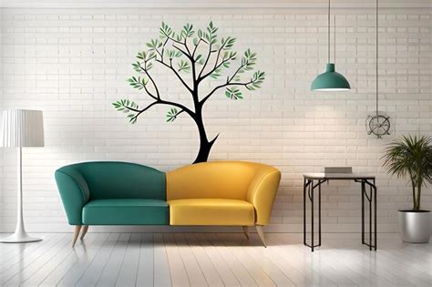 Premium Photo | A living room with a tree painted on the wall and a sofa.