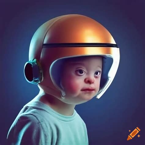 Kid with down syndrome wearing a space helmet on Craiyon