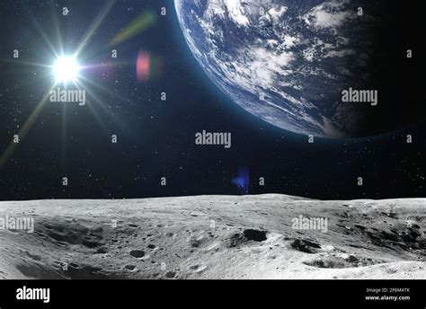 Planet Earth and Sun from the moon surface. Elements of this image are ...