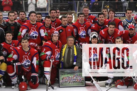 Lokomotiv Yaroslavl team and Karel Rachunek sen pose before friendly hockey match PSG Zlin vs ...