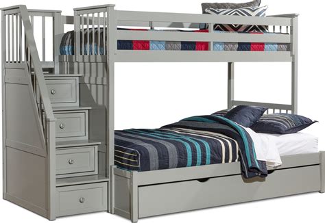 Flynn Twin over Full Trundle Bunk Bed with Storage Stairs - Gray | American Signature Furniture