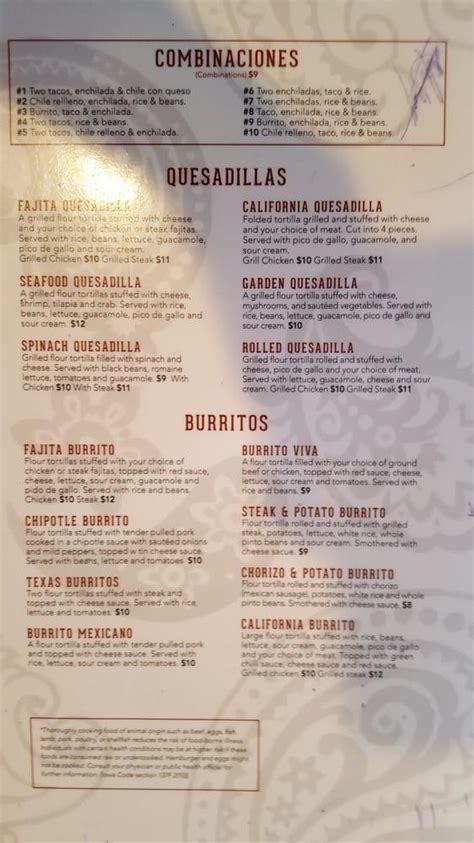 Menu at Viva Mexican Restaurant, Des Moines, Grand Ave