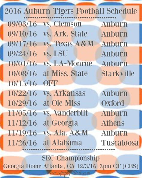 2016 Auburn Football Schedule | Freebie - Simply Elliott