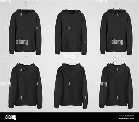 Black hoodie mockup on plastic, metal hanger, blank sportswear with ...