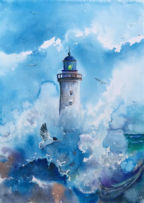 Seascape watercolor, Lighthouse painting, Original watercolor, Seascape abstract, Seagull ...