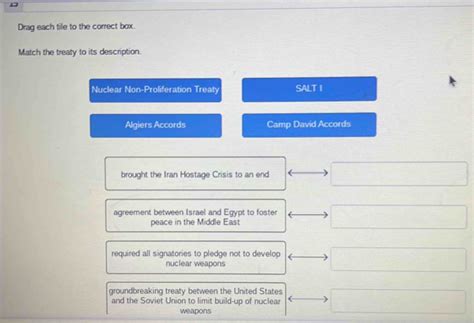 Solved: Drag each tile to the correct box. Match the treaty to its description. Nuclear Non ...
