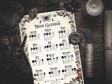 Moon Calendar 2024, Lunar Calendar Printable Poster. Witch Moon Phases Almanac, Celestial ...