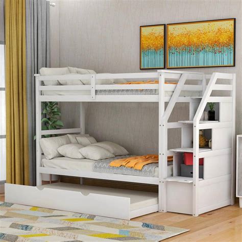 Harper & Bright Designs White Twin Over Twin Wood Bunk Bed with Twin Size Trundle and Storage ...