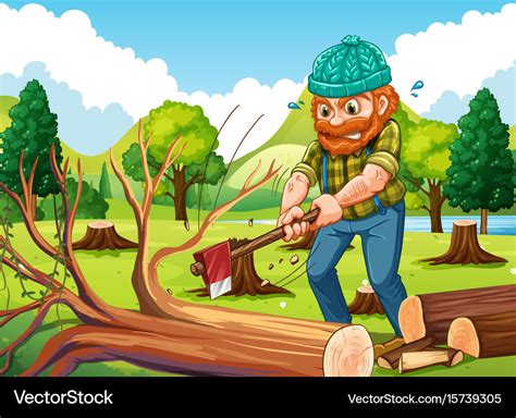 Scene with lumberjack chopping trees Royalty Free Vector