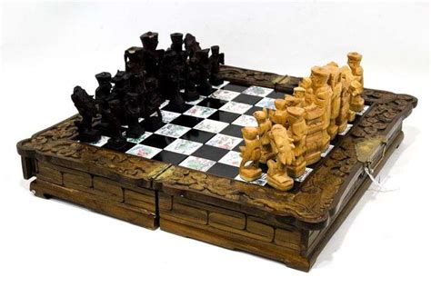 Chinese Chess Set with Hand Carved Wood Figural Pieces, Including ...