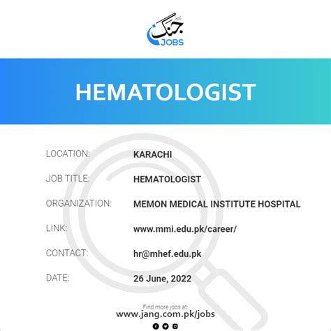 Hematologist Job – Memon Medical Institute Hospital - Jobs in Karachi – 46451