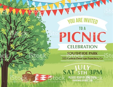Summer picnic and BBQ invitation flyer or template. Text is on its ...