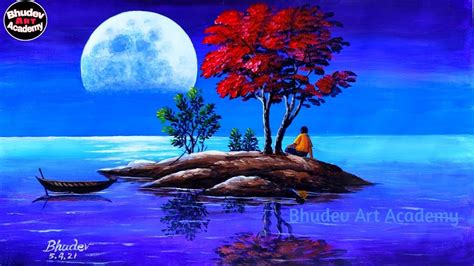 Beautiful Moon Light Scenary Drawing|Easy Moon Light Scenary Painting ...