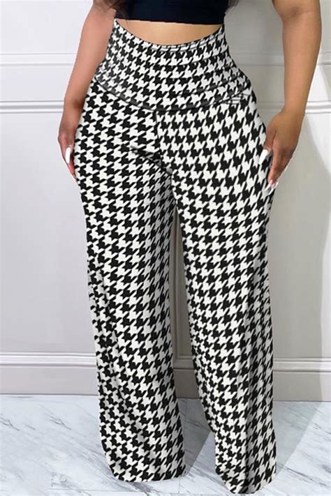 Black White Fashion Casual Print Patchwork Regular High Waist Trousers ...