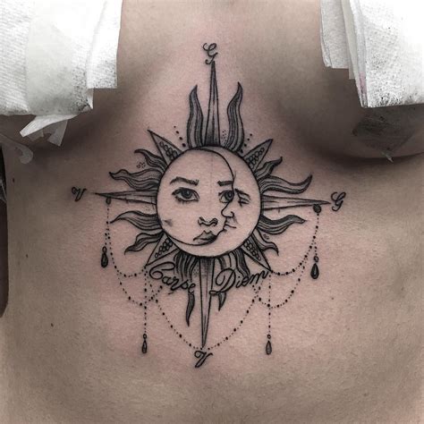 Sun and moon tattoo on the sternum - Tattoogrid.net