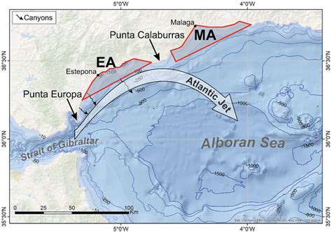 7 Map of the Alboran Sea sketching the typical path of the Atlantic Jet ...