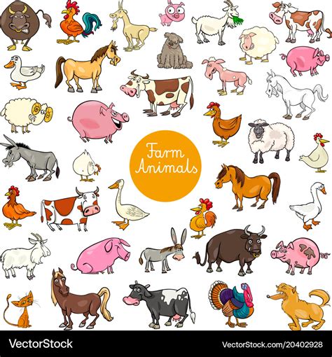 Cartoon farm animal characters big set Royalty Free Vector