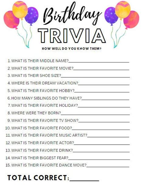 Printable Birthday Party Trivia Game Conversation Starter - Etsy