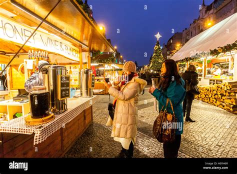 Prague Wenceslas Square, Christmas markets, Honey wine stall on Stock ...