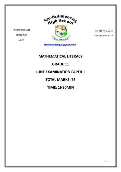 Grade 11 JUNE EXAM Paper 1 Maths Literacy 2022 - arefadimehenghs@gmail MATHEMATICAL LITERACY ...