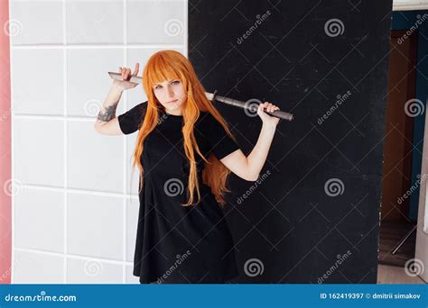 Girl Sword Japan Cosplayer Anime Red Hair Stock Image - Image of adult ...