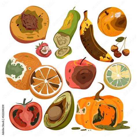 Rotten food product set vector illustration. Cartoon isolated spoiled and damaged fruit and ...