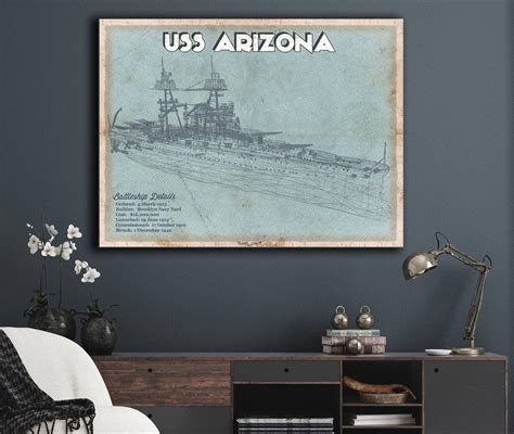 USS Arizona WWII Battleship Blueprint Military Art by Cutler West