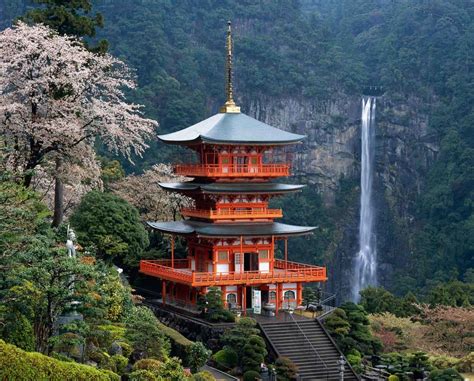 Japan. Temple against the background of a mountain waterfall. Beautiful Places In The World ...