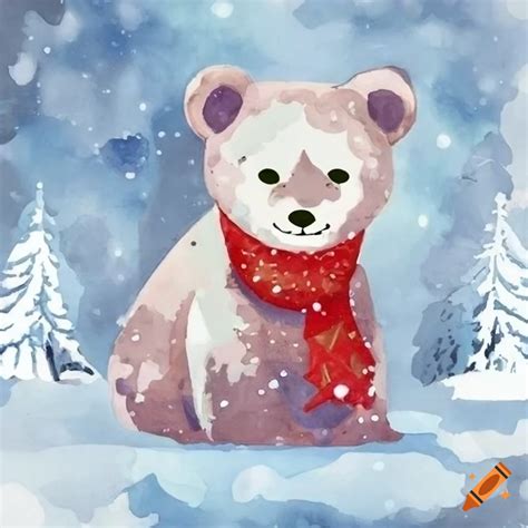 Watercolor christmas card with a cute polar bear in snowy forest