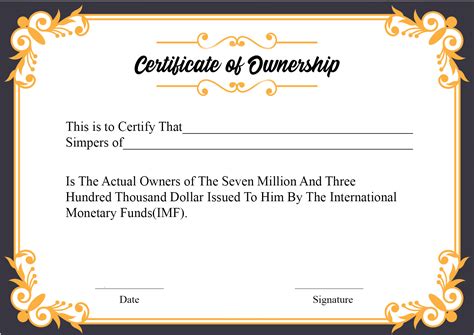 Certificate Of Ownership Template Blank Certificate Template, Printable ...