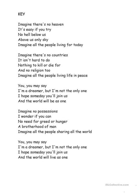 Song: IMAGINE - John Lennon - English ESL Worksheets for distance ...