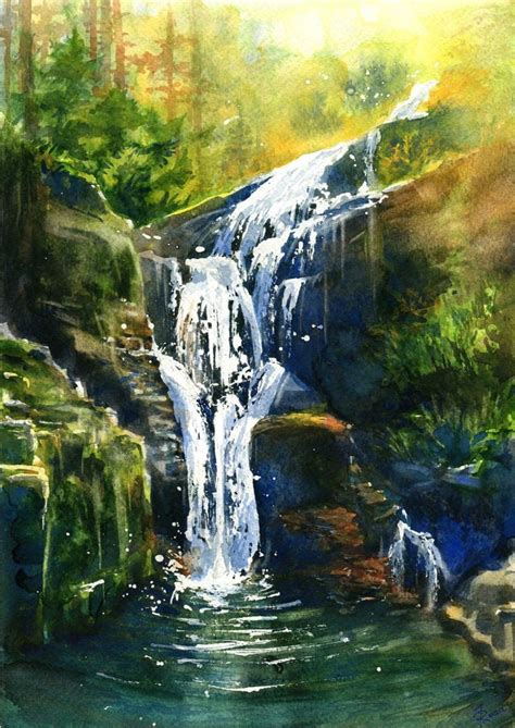 Waterfall Kamienczyka by JoaRosa on DeviantArt | Landscape paintings, Watercolor landscape ...