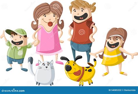 Cartoon Family With Pets Stock Vector - Image: 54085332