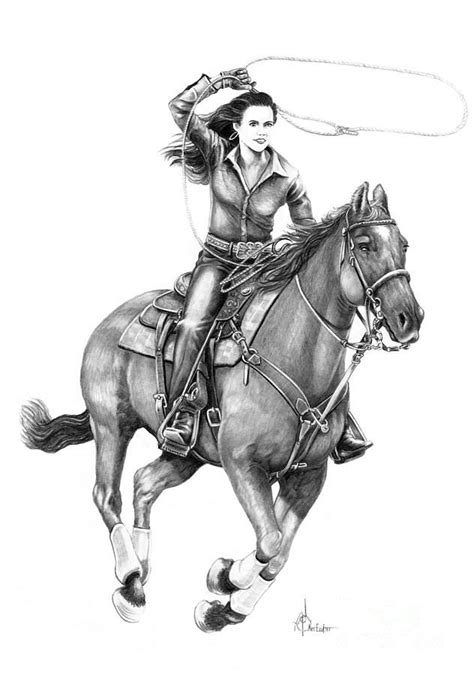 Cowgirl art, Horse art, Equine art pencil drawings