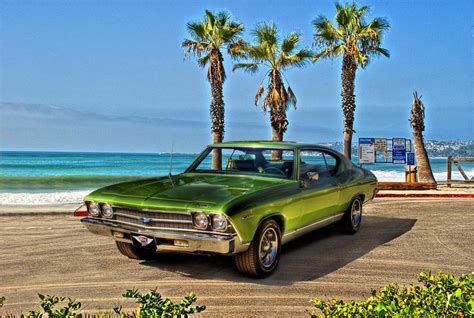 1969 Chevrolet Chevelle favored 60s "Muscle Car" on beach with palm ...