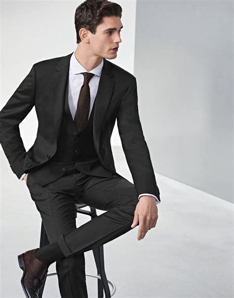 Black suit with vest and white shirt with brown tie by BOSS | Black ...