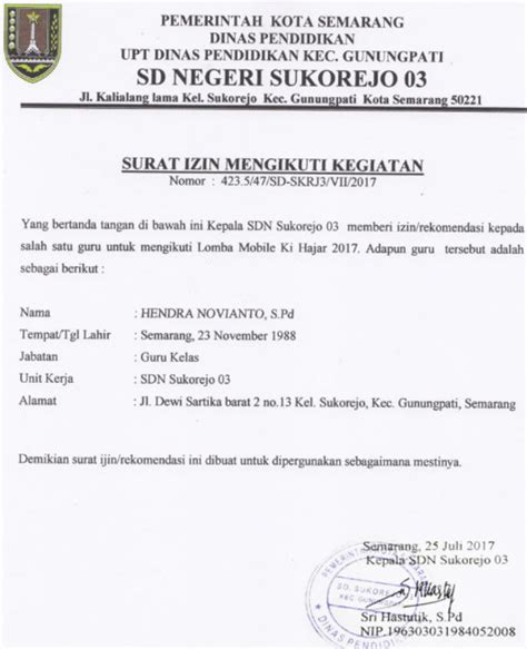 Surat Rekomendasi Sekolah Untuk Mengikuti Lomba