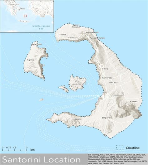 Topographic map of Santorini Island complex. Thira is the largest ...