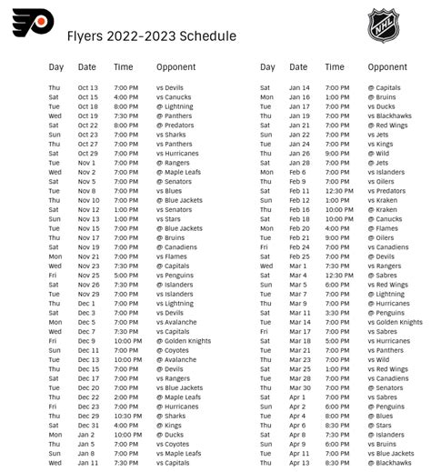 Philadelphia Flyers 2022-23 Season Schedule