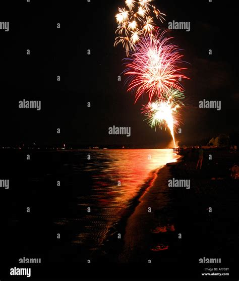 Labour Day fireworks at Wasaga Beach in Ontario Canada. Wasaga is the ...