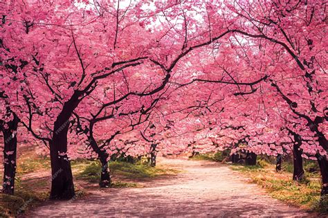 Premium Photo | Pink sakura blossoming alley Wonderful park with rows of blooming pink sakura ...