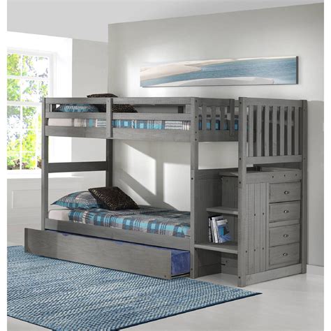 Cambridge Springside Twin over Twin Bunk Bed with Staircase and Twin Trundle in Charcoal Gray ...