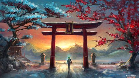 Download wallpaper 1920x1080 dawn, fantasy, man at gate, sunrise, art ...