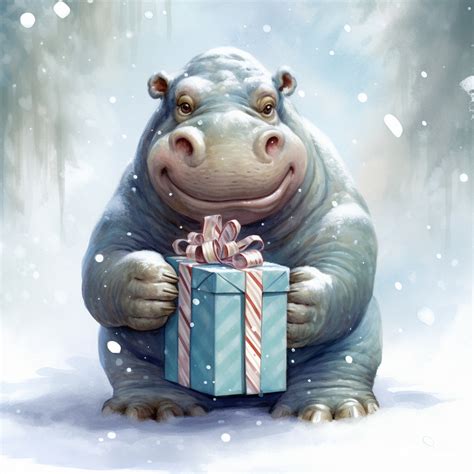 Christmas Hippopotamus With Gift Free Stock Photo - Public Domain Pictures