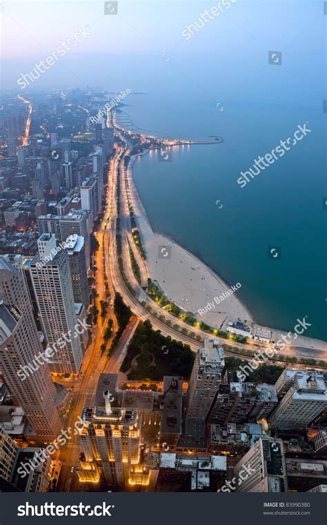 City Of Chicago. View Of Chicago Lake Shore Drive And Michigan Avenue At Twilight From High ...