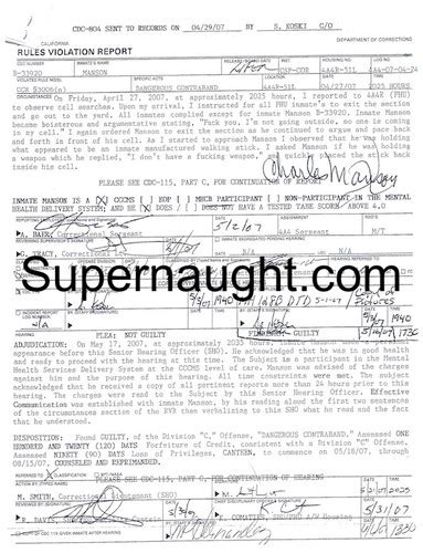 Charles Manson Rules Violation Report Copy | Supernaught