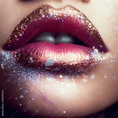 Generative AI. Beautiful glitter lips, Hyperreal, holographic silver ...