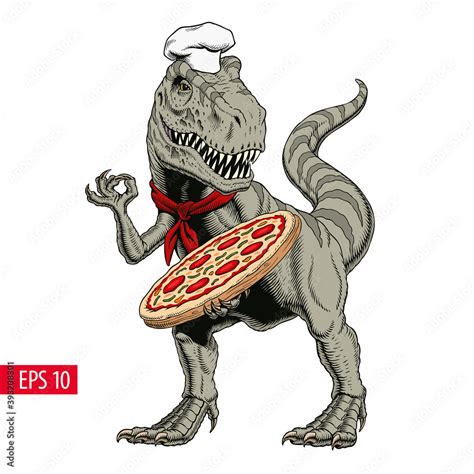 Dinosaur chef with pizza. Tyrannosaurus pizzaiolo comic style vector ...