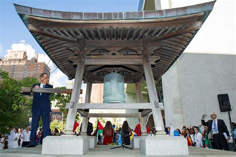 The Japanese Peace Bell is dedicated in the West Court Garden of the Secretariat Building ...